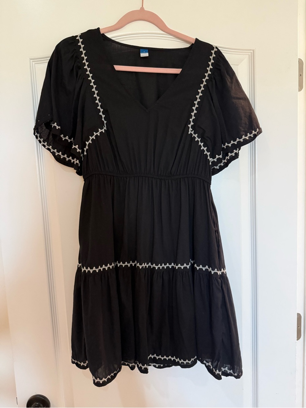 Old Navy Black V-Neck Tiered Dress with White Embroidery